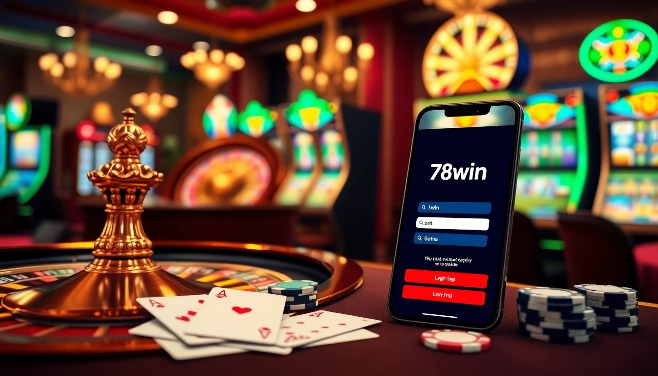 Experience the thrill of 78win đăng nhập with vibrant casino elements including poker chips and a roulette wheel.