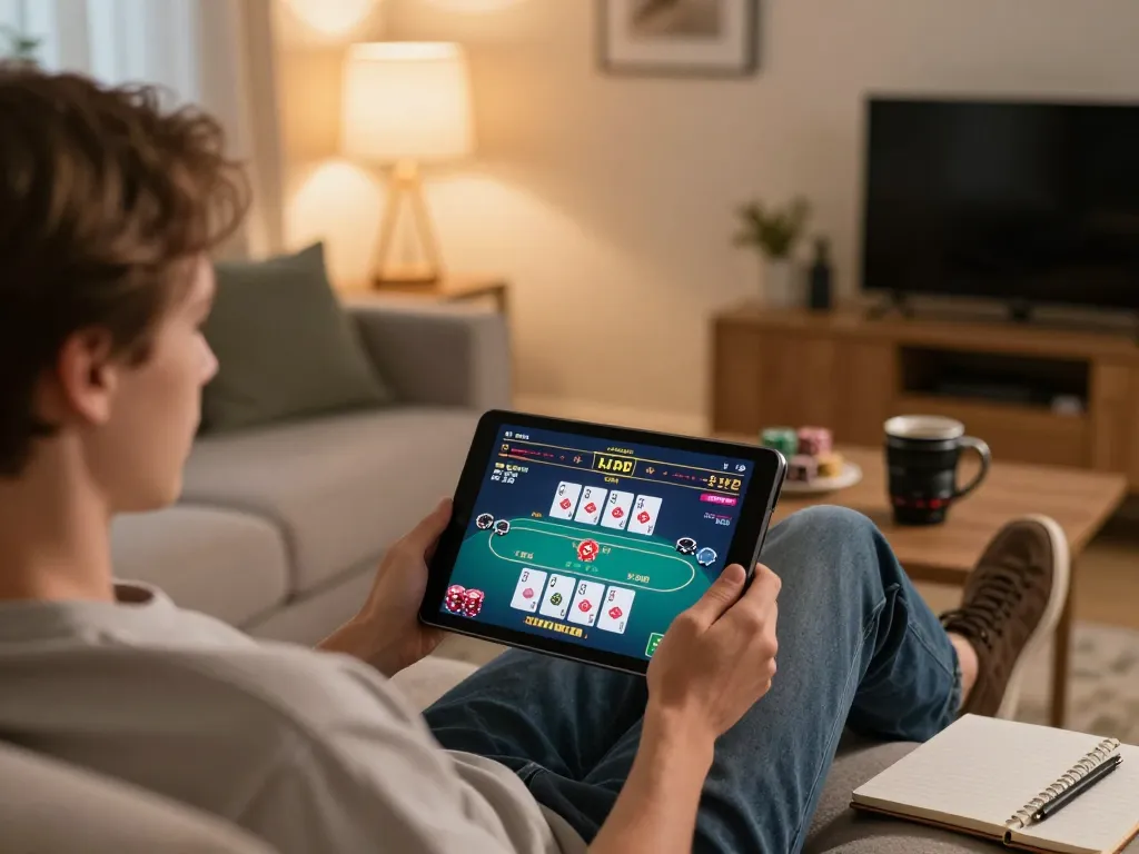 Engaged player enjoying j188 live dealer gaming experience on tablet, cozy home atmosphere with strategic notes