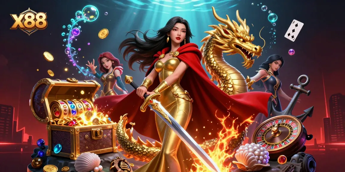 x88 captures exciting casino adventures with a warrior queen, golden dragon, and vibrant slot elements.