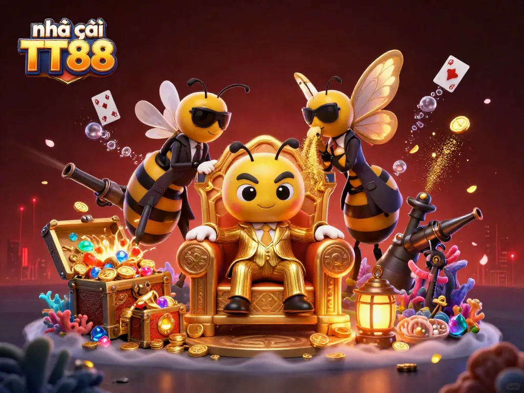 Engage in thrilling online casino games with Nhà cái TT88, featuring vibrant 3D illustrations of excitement and wins.