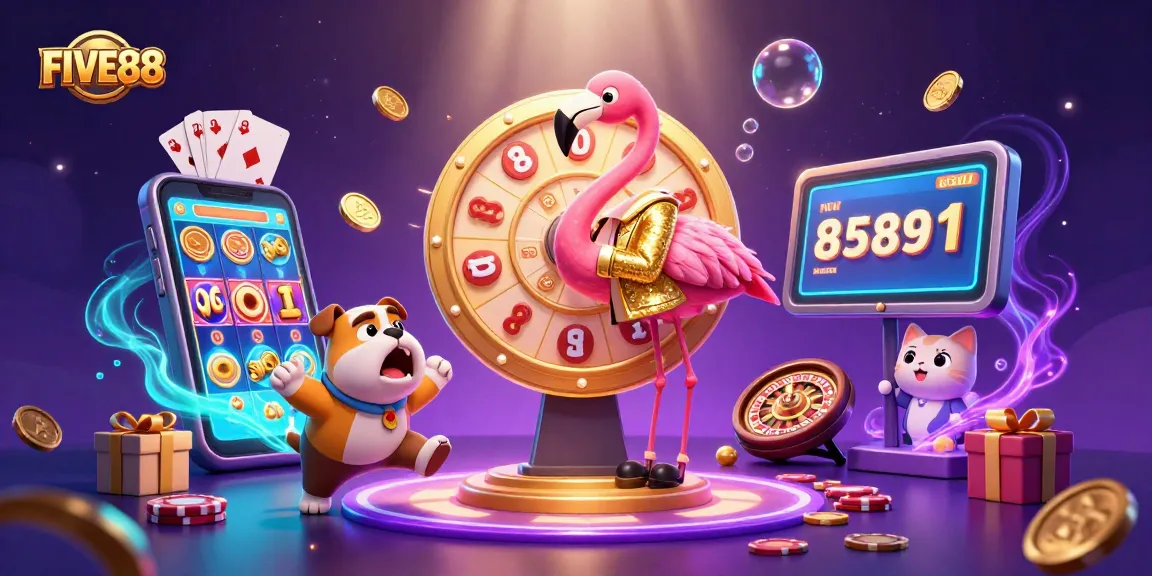 Experience the thrill of FIVE88 with our vibrant 3D cartoon casino scene, featuring joyous characters and exciting games.
