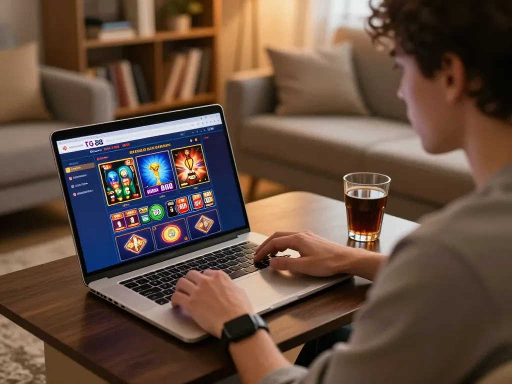 Engaged player exploring tg 88 online casino games on laptop in cozy home setting.
