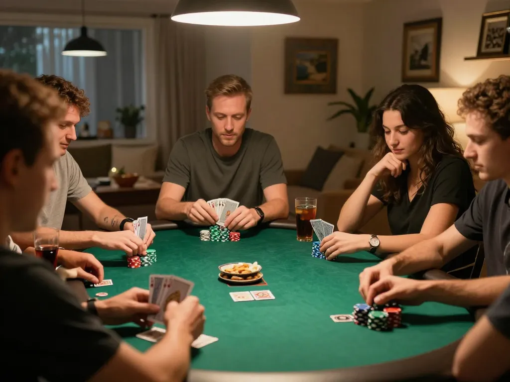 RR88 players strategizing at an engaging home poker game with warm ambiance