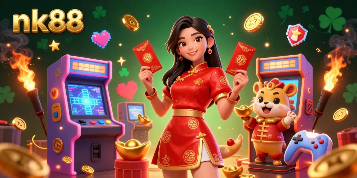 Experience winning moments with nk88, featuring vibrant casino elements and festive characters.