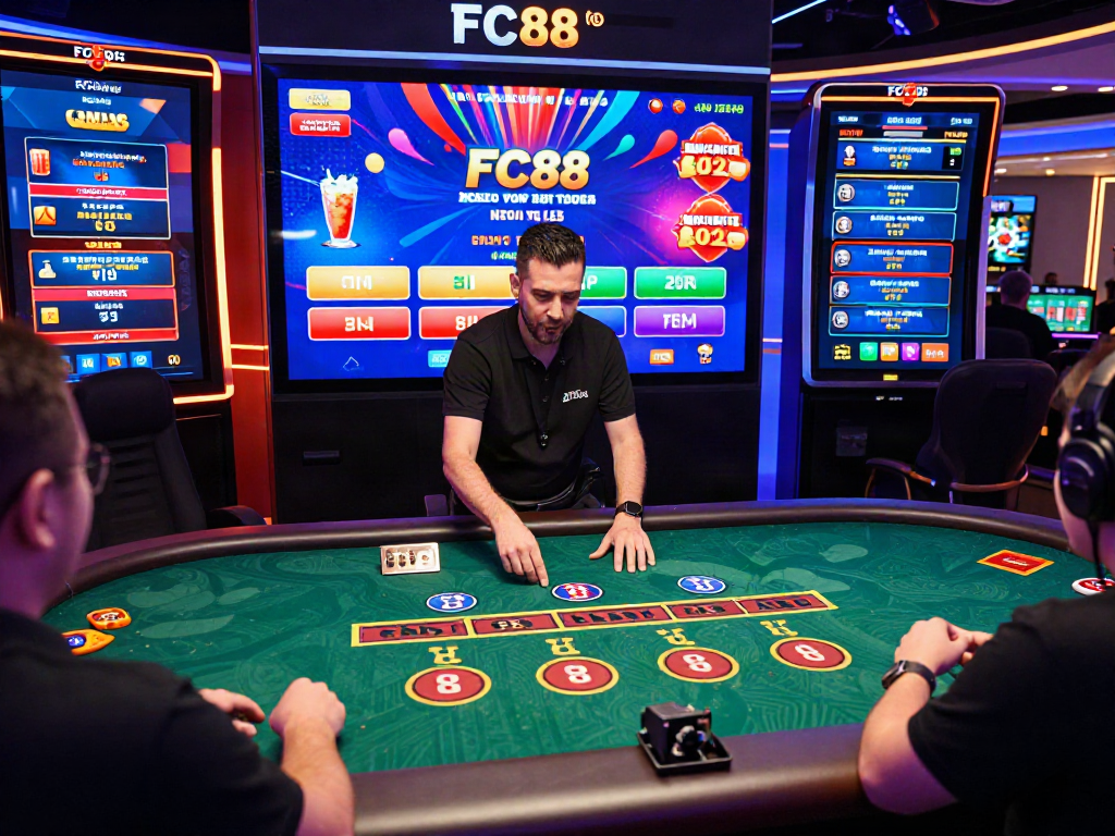 Engaging scene of a player enjoying live casino betting at FC88, vibrant graphics enhancing the online gambling experience.