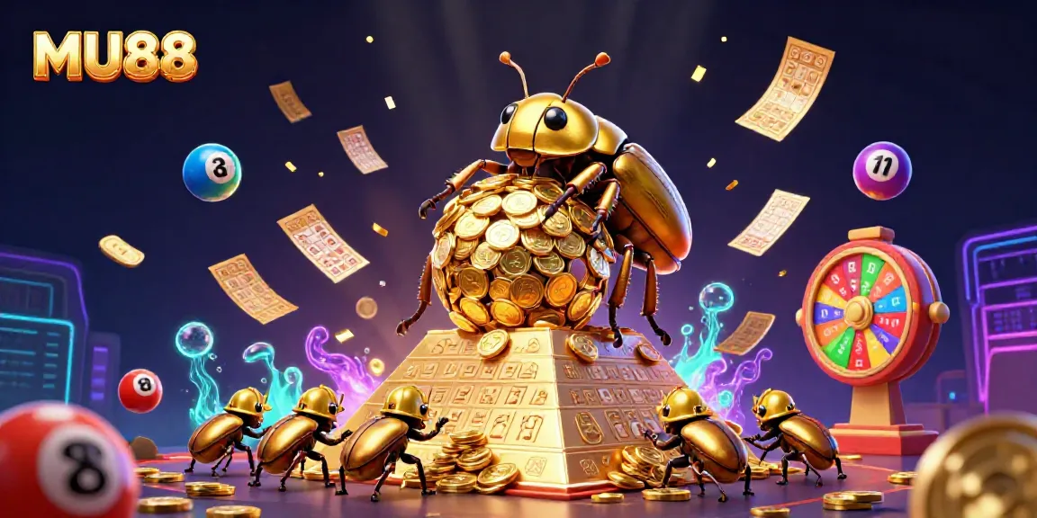Experience the excitement at MU88 with a golden beetle rolling coins amidst a vibrant casino-themed scene.