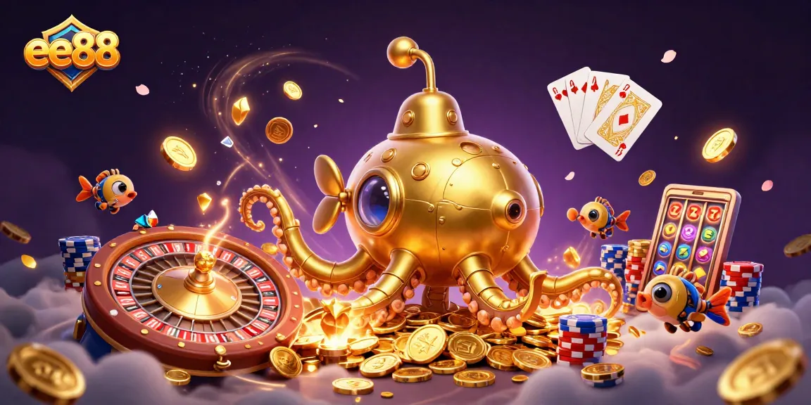 Engage in thrilling gameplay with ee88's vibrant casino illustration showcasing a golden kraken submarine.