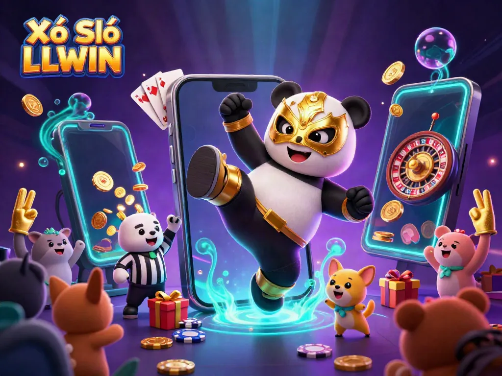 Xổ Số LLWIN showcases thrilling lottery action with a panda and chihuahua in a lively casino scene.