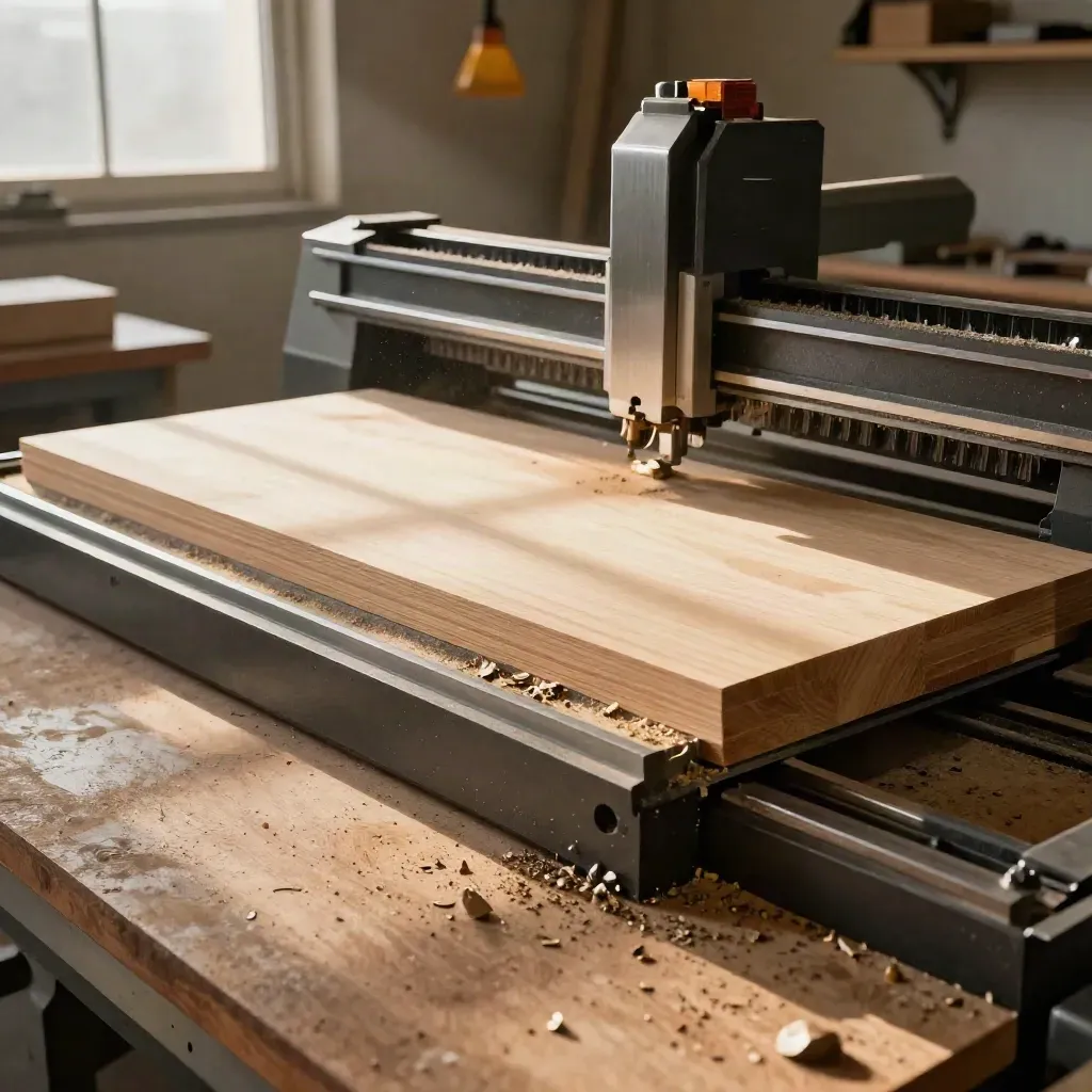 CNC tablasında huş kontrplak ve alüminyum kompozit kesim parçaları, talaşlarla çevrili.