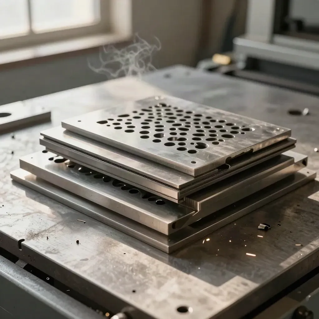 Lazer kesim tablasında soğuyan delikli paslanmaz çelik parçalar ve ince kıvılcım izleri