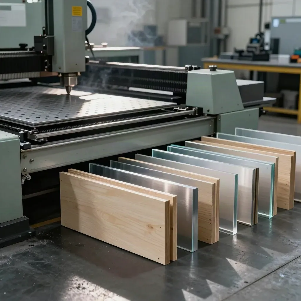 Şafakta CNC ve lazer kesim hattı; metal, akrilik ve ahşap malzemelerle endüstriyel atölye.