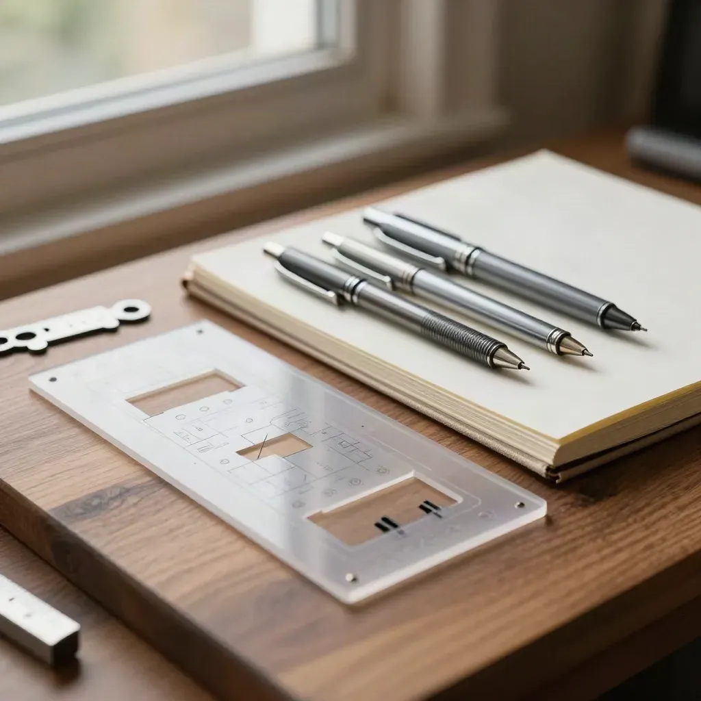 Teknik çizim masasında asetat şablonlar, ince uçlu kalemler ve kesilmiş model parçaları.