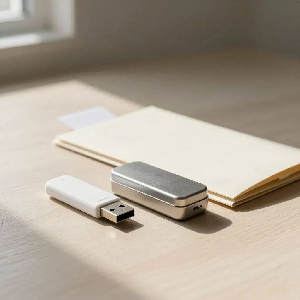 Açık ahşapta USB bellek, metal kutu ve kapalı proje zarfı, yumuşak yan ışıkta