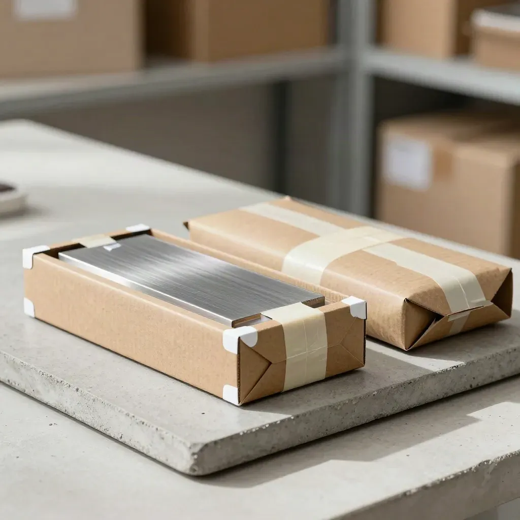 Kraft koli içinde köpük köşe korumalı bitmiş parçalar ve hazır paketler.