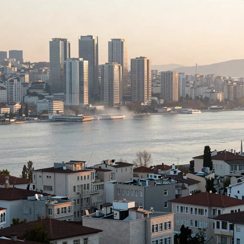Gün batımında Ümraniye-Ataşehir silueti, uzakta deniz ve köprü, altta sakin boş alan.