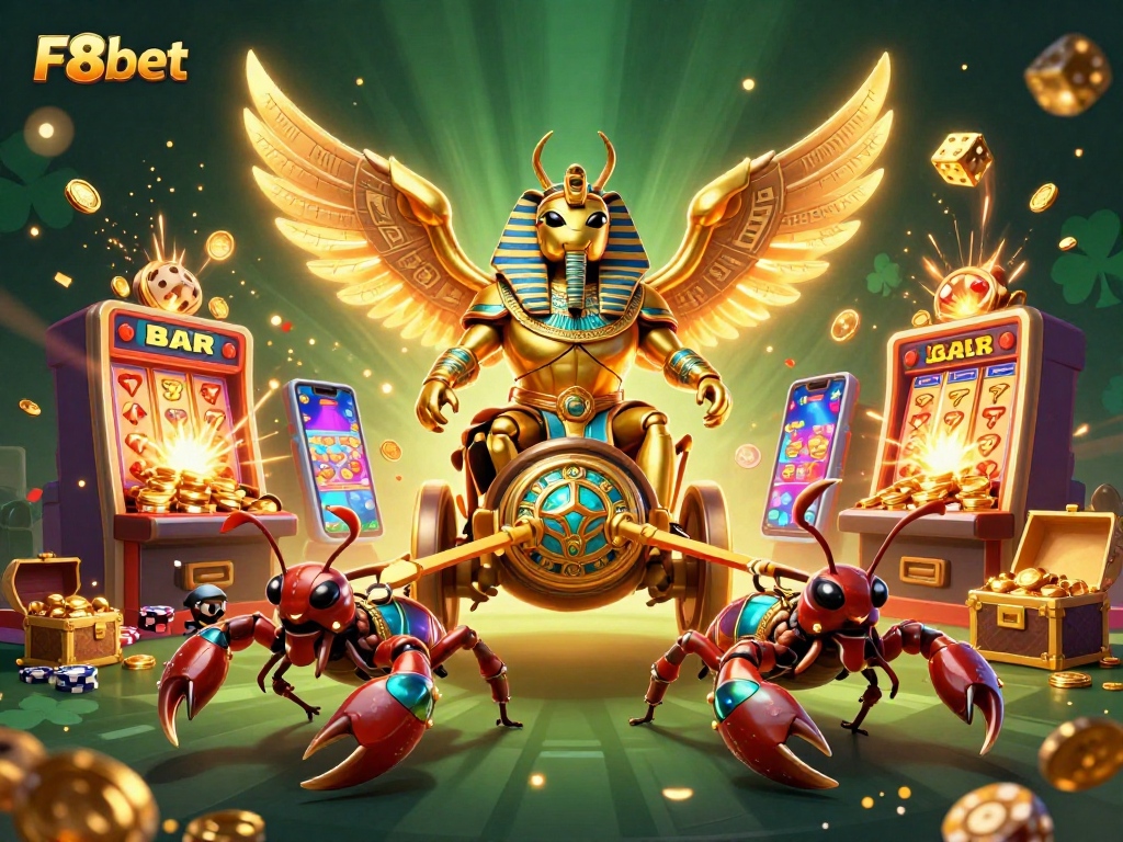 Experience jackpot excitement with F8bet's vibrant casino-themed illustration featuring a golden scarab and scorpions.