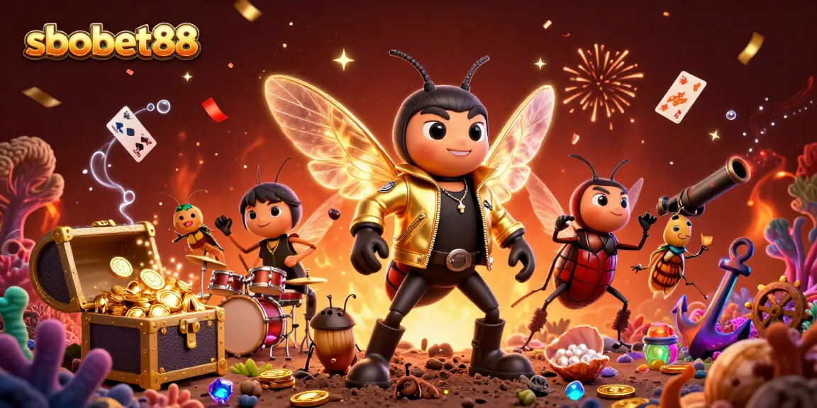 Engage with sbobet88 through a vibrant 3D scene featuring an adventurous rock star cicada and lively gambling elements.