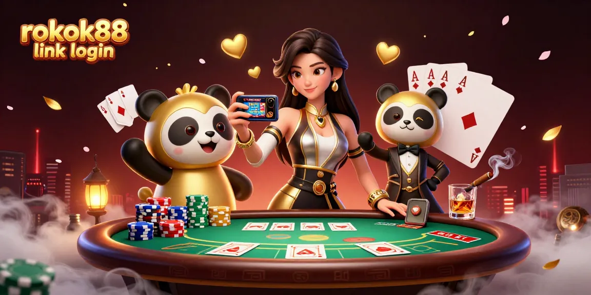 Experience the thrill of winning with rokok88 link login, featuring an elegant woman and playful panda in a casino scene.