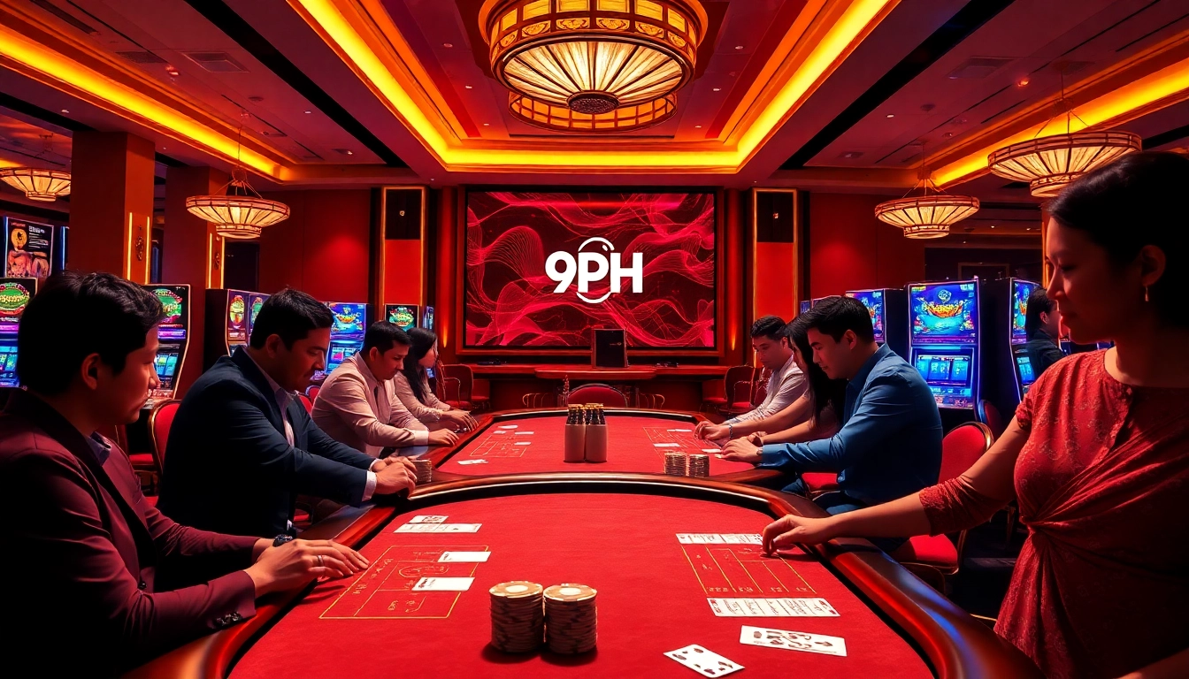 9PH players engage in Baccarat with excitement at luxurious casino tables.