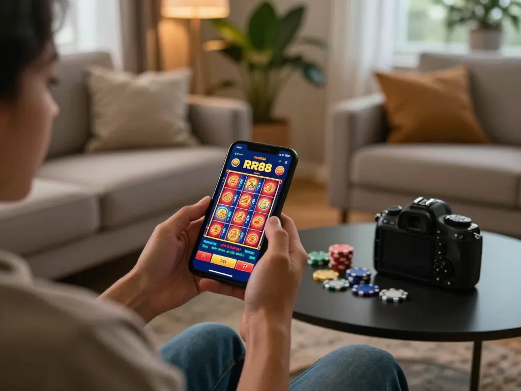 Experience RR88 online gaming at home with a smartphone showcasing exciting slot games.