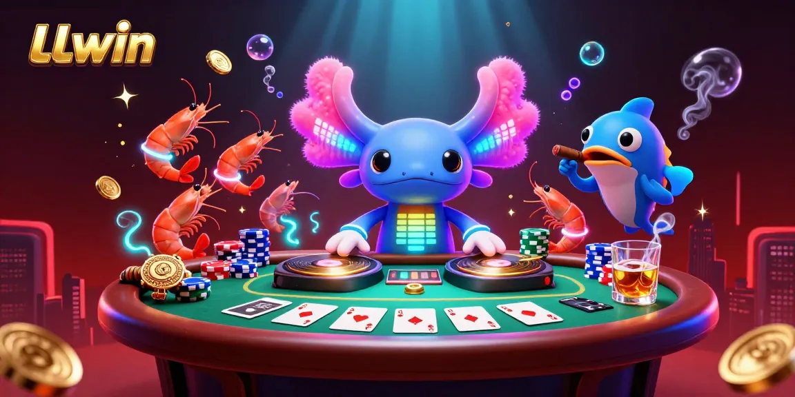 LLwin showcases a vibrant, ultra-detailed casino scene featuring a neon axolotl DJ and dynamic game elements.