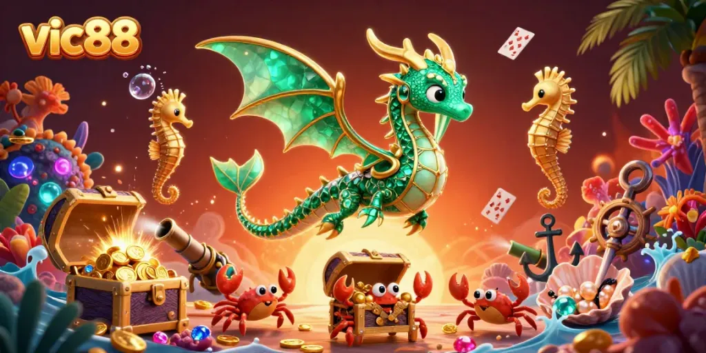 Experience thrilling victories at vic88 with vibrant treasure-filled underwater casino illustration.