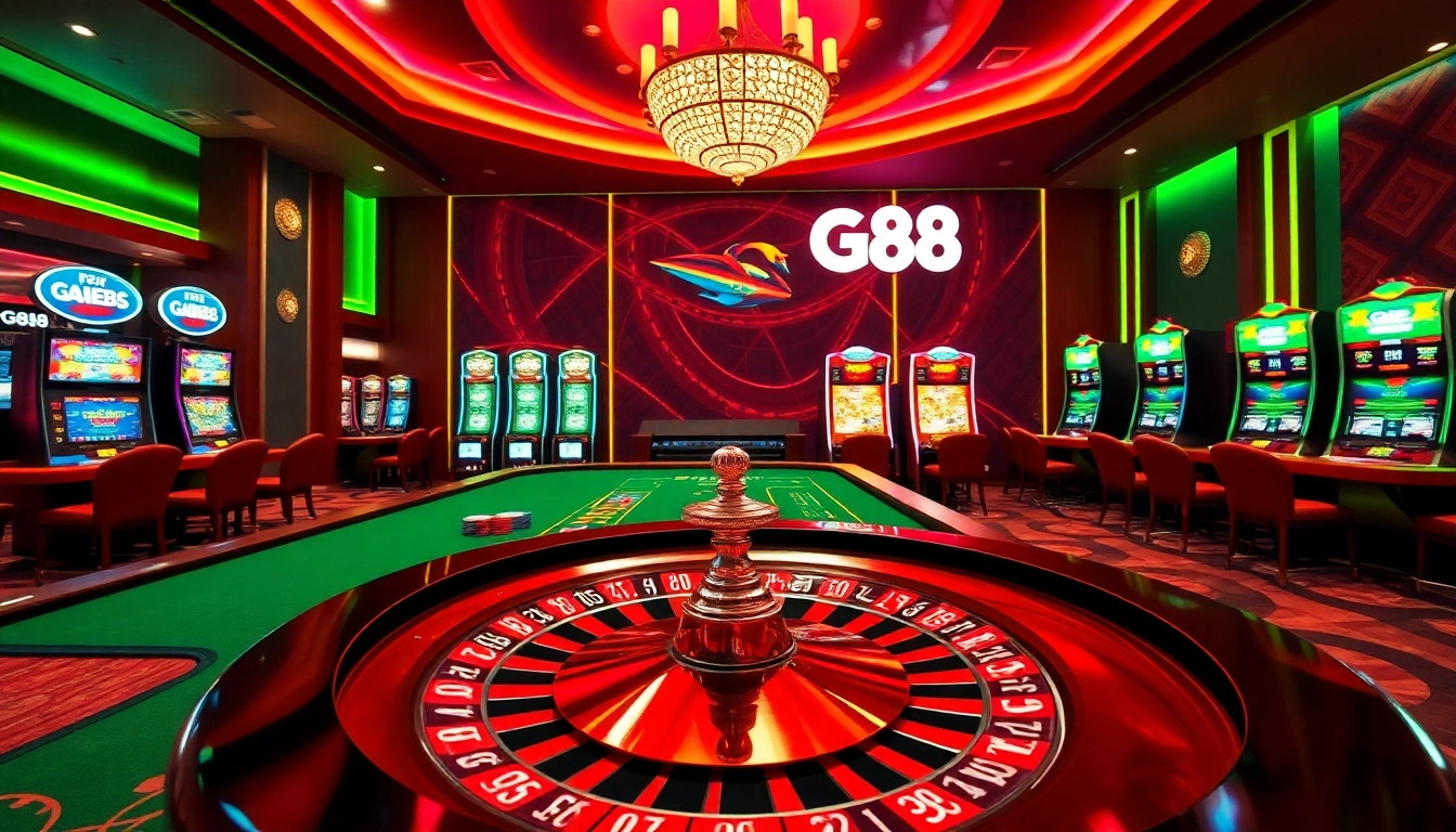 Experience the thrilling ambiance of GG88 with vibrant casino elements and a roulette wheel.