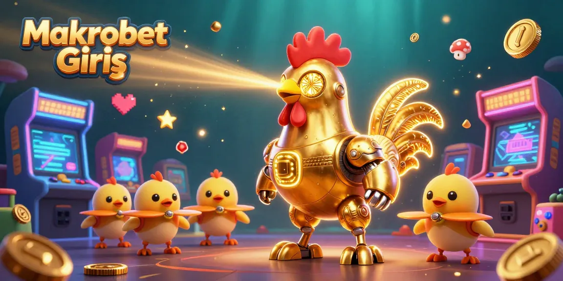 Engage in dynamic Makrobet Giriş featuring a golden rooster robot and baby chick drones in an exciting casino scene.