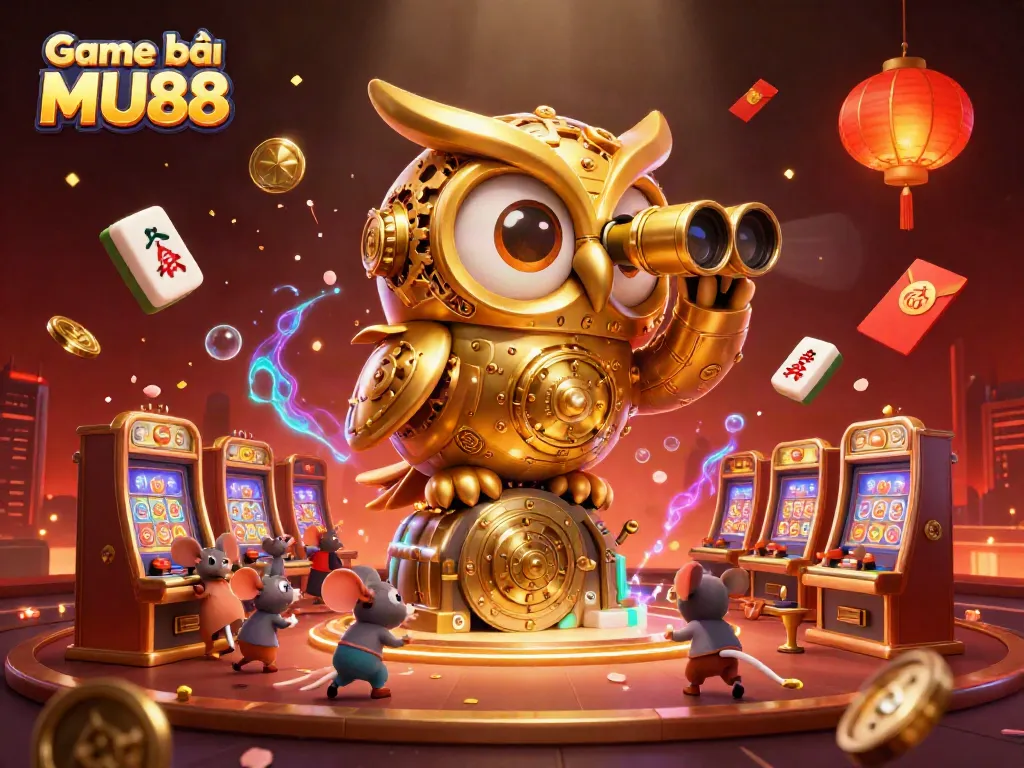 Play exciting games at Game bài MU88 with a vibrant casino scene featuring a clockwork owl.