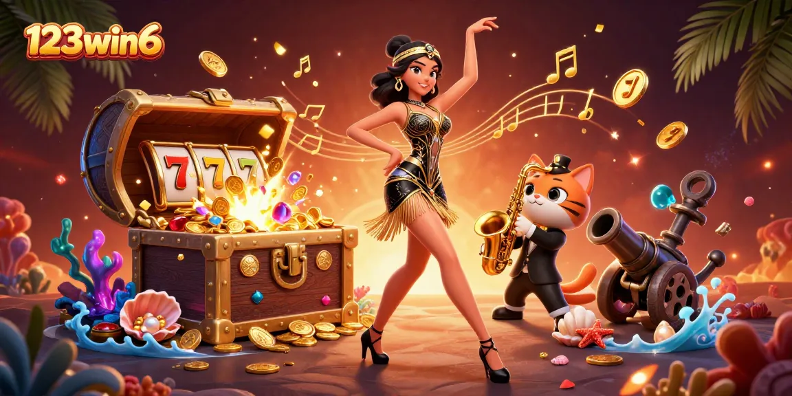 Engage with exciting gameplay at 123win6, featuring vibrant characters, gold treasures, and slot reels.