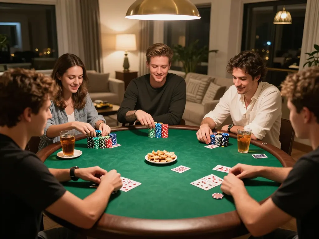 Friends enjoying an engaging poker game at home, showcasing va88 action with chips and cards on the table.