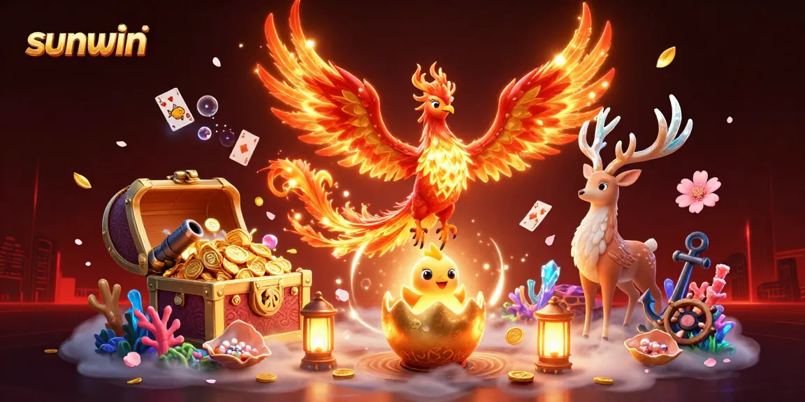 Discover sunwin's exciting world of games with a vibrant 3D phoenix-themed illustration.