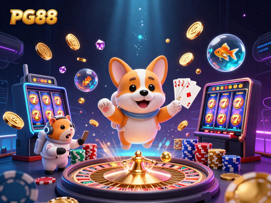 Experience the excitement of PG88 with a cartoon astronaut corgi in a vibrant space casino scene.