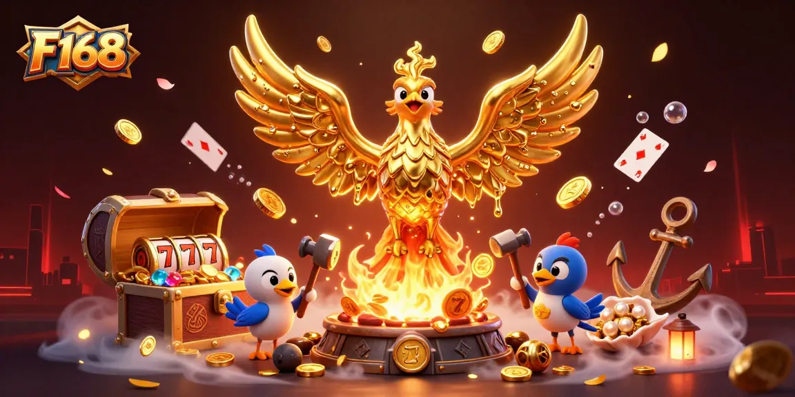 Spin the reels with F168 and witness a golden phoenix rising in a vibrant casino adventure.
