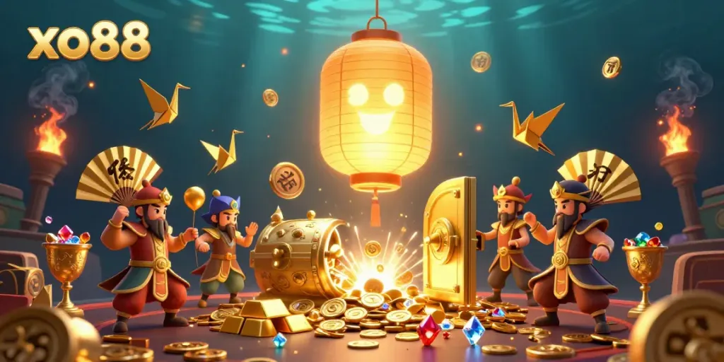 Experience the exciting world of xo88 with vibrant casino elements, including golden lanterns and treasure vaults.