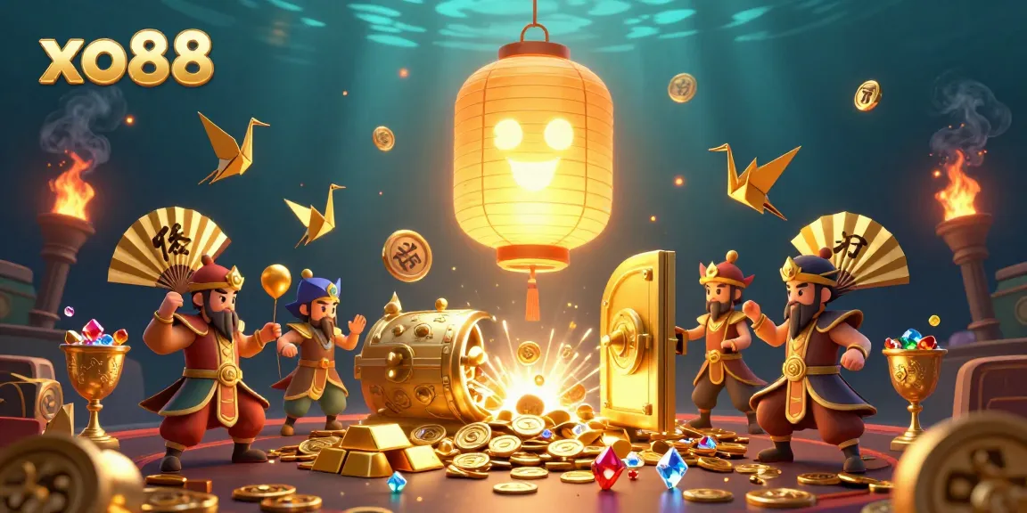 Experience the exciting world of xo88 with vibrant casino elements, including golden lanterns and treasure vaults.