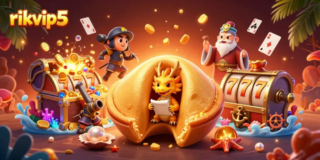 Experience the thrilling fun of rikvip5 with a dynamic online casino scene filled with vibrant characters and gold elements.