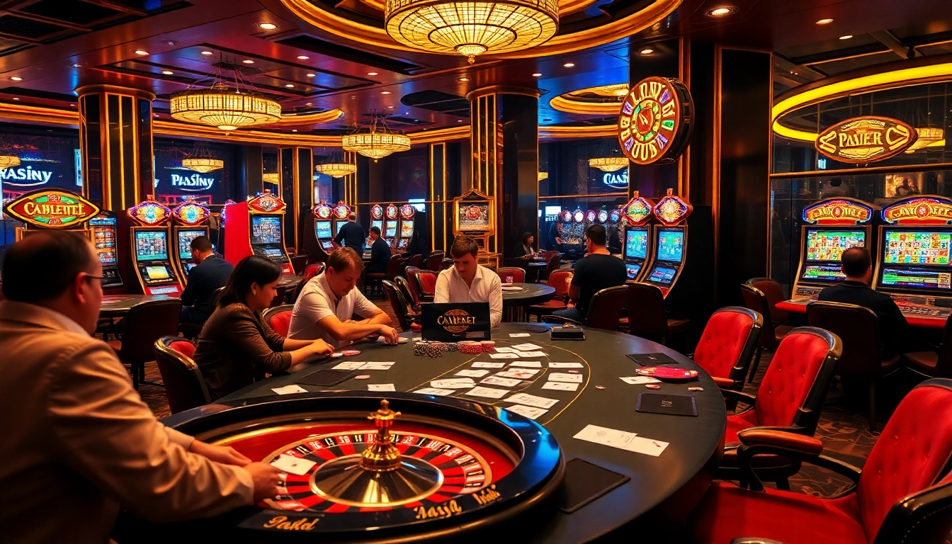 Players engaging at the poker table in a luxurious casino setting at XX88, featuring vibrant slot machines.