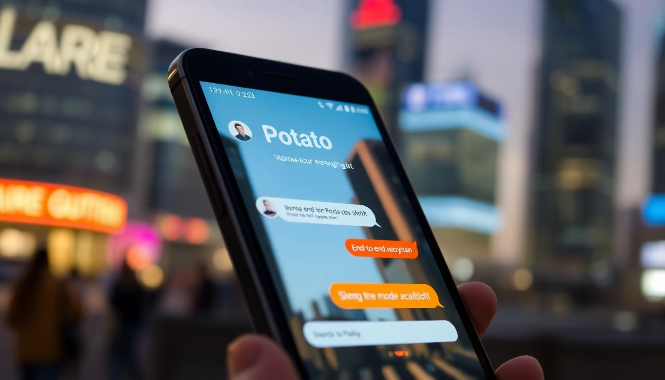 Potato secure messaging app interface on a smartphone, highlighting anonymity and encryption.