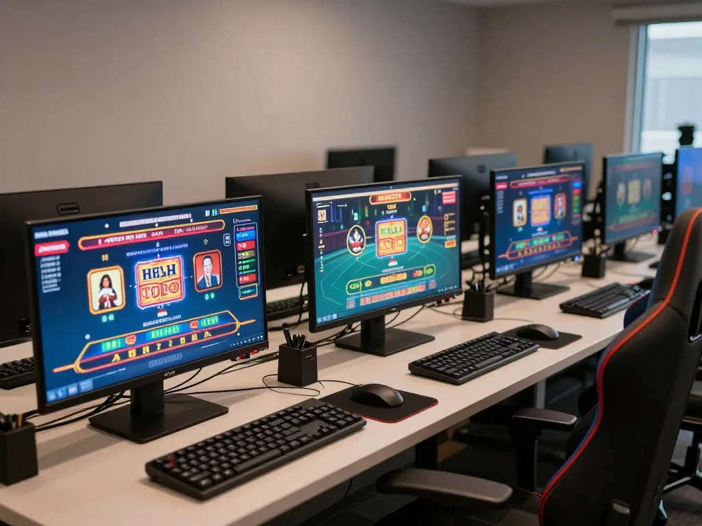 79KING immersive online gaming setup showcasing dynamic casino games on multiple screens.