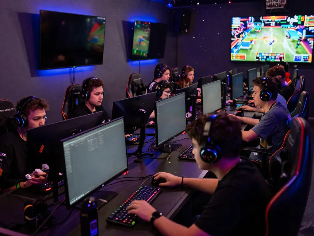 Diverse gamers celebrating victory in esports arena with rokok88 link on screens.