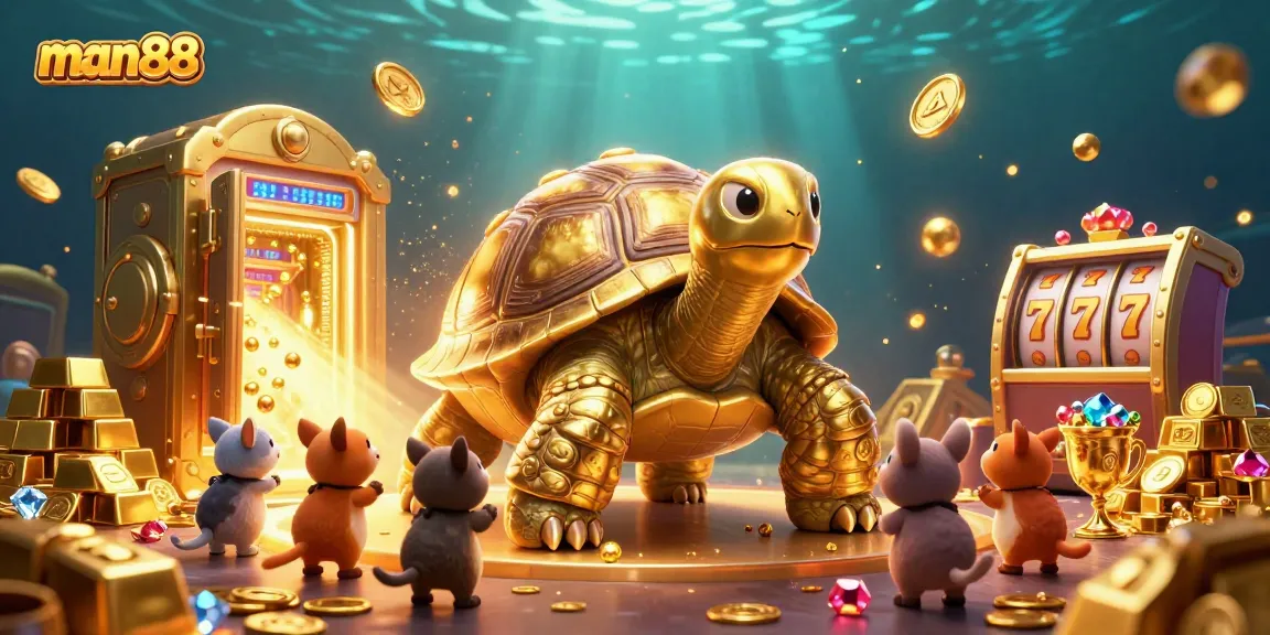Experience thrilling gameplay with man88's vibrant slot scene featuring a colossal tortoise and treasure galore.