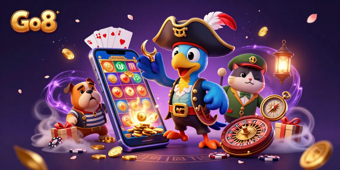 Engage in thrilling gambling adventures at Go8 with a lively pirate scene featuring vibrant casino elements.