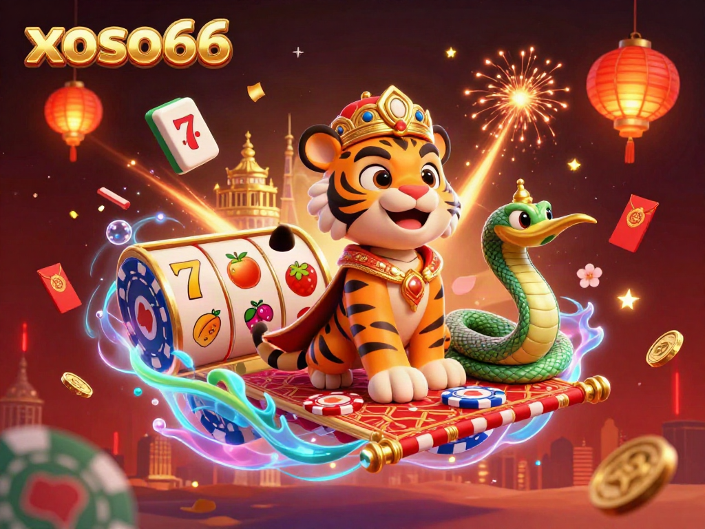 xoso66 showcases an exciting scene with a cartoon tiger sultan amidst vibrant casino elements, engaging players in thrilling games.