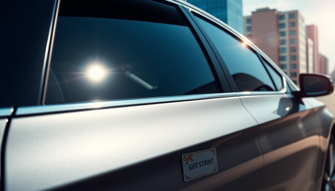 Featuring a window tint gift card, this image shows a modern car with sleek tinted windows in a vibrant city.