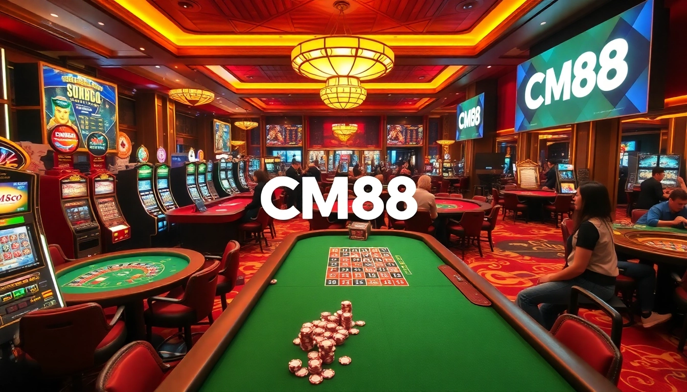 CM88 players enjoying thrilling moments at a luxurious casino, with vibrant slot machines and card games.