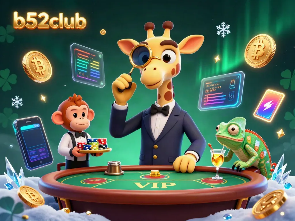 Play and win with b52club, featuring a high-roller giraffe and dynamic casino scene.