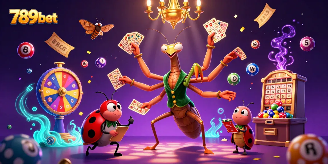 Experience thrilling wins at 789bet with a giant praying mantis card sharp in a lively casino scene.