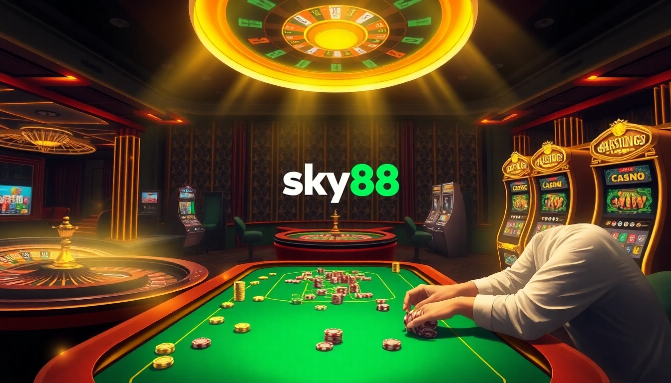 Sky88 immersive online gambling experience with poker tables and slot machines.