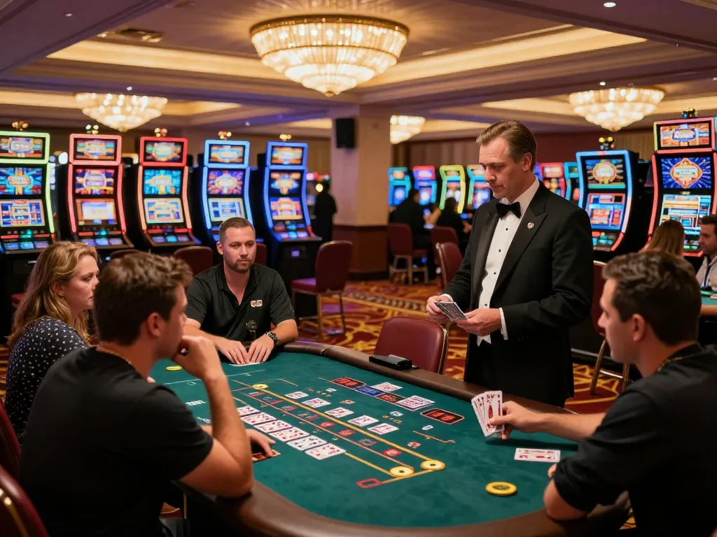 Players strategizing at SC88 blackjack table amid lively casino atmosphere.